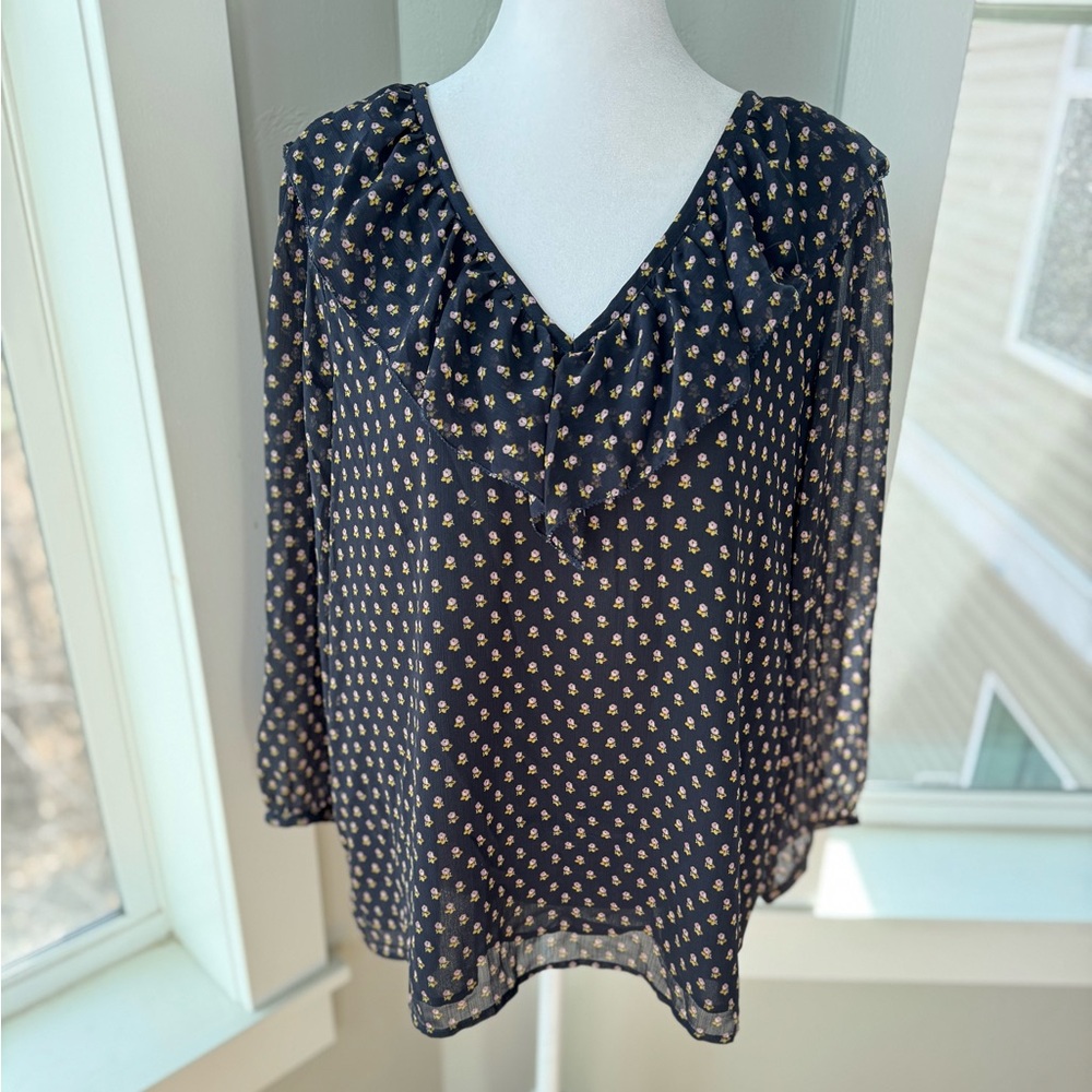 LOFT Navy Floral Sheer Ruffle V Neck Blouse Size Medium
